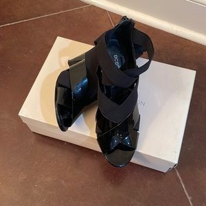BCBGeneration Bova Patent/Elastic Zip Back Sandal Heel